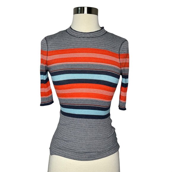 Free People Striped Thermal Top Size XS Navy Combo OB466000 Blue Red - Picture 8 of 8